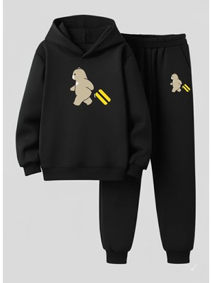 Lorvex Çocuk Kapüşonlu Takım Bavullu Ayı Baskılı 3 Iplik Şardonlu Sweatshirt-Eşofman Takım