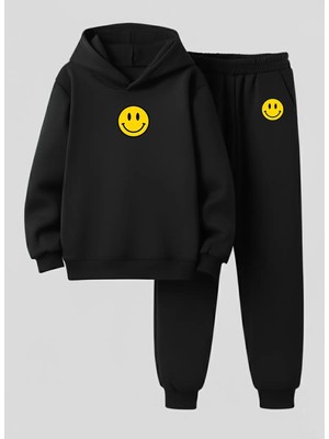 Lorvex Unısex Çocuk Kapüşonlu Takım Gülen Emoji Baskılı 3 Iplik Şardonlu Sweatshirt-Eşofman Takım