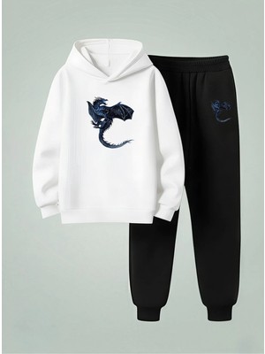 Lorvex Erkek Sweatshirt-Eşofman Takım Çocuk Kapüşonlu Takım Ejderha Baskılı 3 Iplik Şardonlu