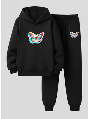 Lorvex Unısex Sweatshirt-Eşofman Takım Çocuk (Kapüşonlu) Üç Boyutlu Kelebek Baskılı 3 Iplik Şardonlu