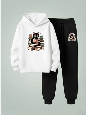 Lorvex Unısex Çocuk Sweatshirt-Eşofman Takım (Kapüşonlu) Kitap Okuyan Kedi Baskılı 3 Iplik Şardonlu