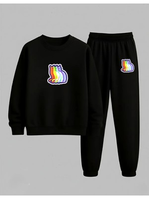 Lorvex Sweatshirt-Eşofman Takım Unısex Çocuk Bisiklet Yaka Renkli Kedi Baskılı 3 Iplik Şardonlu