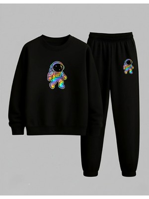 Lorvex Bisiklet Yaka Çocuk Sweatshirt-Eşofman Takım Unısex Hareketli Astronot Baskılı 3 Iplik Şardonlu