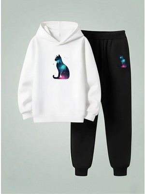 lorvex çocuk kapüşonlu takım (sweatshirt-eşofman)  kedi baskılı 3 ıplik şardonlu