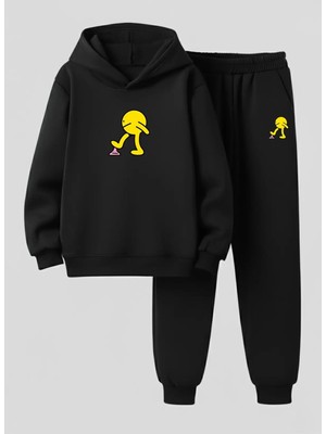 Lorvex Çocuk Kapüşonlu Takım Sakız Yapışan Emoji Baskılı 3 Iplik Şardonlu Sweatshirt-Eşofman Takım
