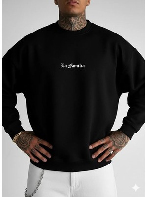 Lorvex Erkek Oversize Bisiklet Yaka Siyah Sweatshirt La Familia Baskılı