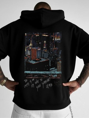 Lorvex Oversize Unısex Kapüşonlu Sweatshirt %100 Pamuklu Şehir Manzarası Baskılı