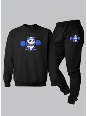 Lorvex Unısex Sweatshirt-Eşofman Çocuk Takım Bisiklet Yaka Kaslı Panda Baskılı 3 Iplik Şardonlu