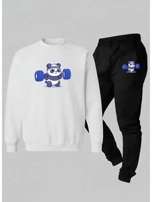 Lorvex Unısex Sweatshirt-Eşofman Çocuk Takım Bisiklet Yaka Kasli Panda Baskılı 3 Iplik Şardonlu