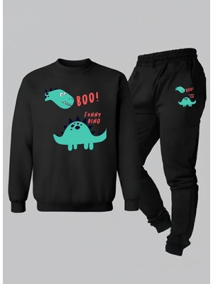 Lorvex Sweatshirt-Eşofman Çocuk Takım Bisiklet Yaka Funny Dino Baskılı 3 Iplik Şardonlu