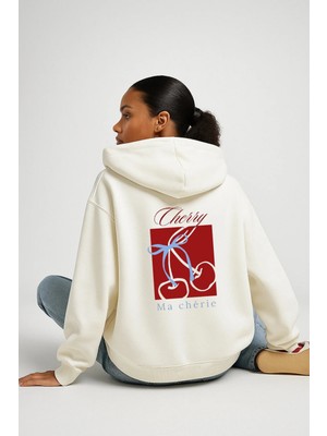 Lorvex Mavi Kurdele Cherry Arka Baskı Oversize Kapüşonlu Sweatshirt