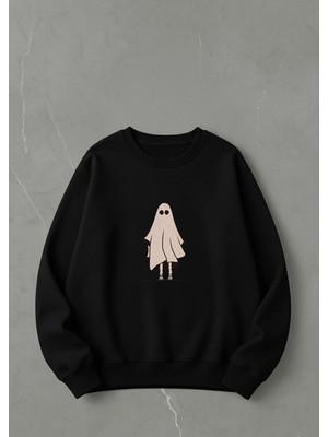 Lorvex Oversize Unisex Pamuklu Bisiklet Yaka Sweatshirt – Hayalet Baskı