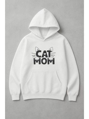 Lorvex Oversize Kulaklı Cat Mom Baskı Kadın Beyaz Sweatshirt