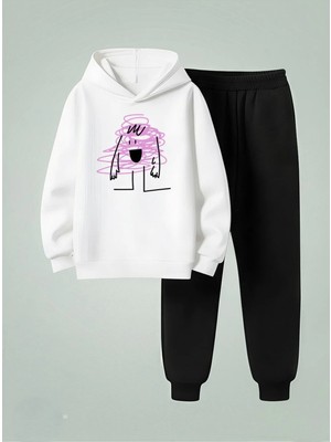 Lorvex Çocuk Kapüşonlu Takım Mor Karalama Baskılı 3 Iplik Şardonlu Sweatshirt-Eşofman Takım