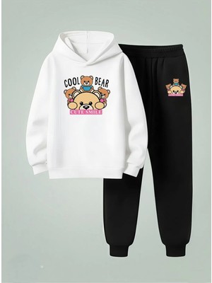 Lorvex Çocuk Kapüşonlu Takım Cute Smıle Baskılı 3 Iplik Şardonlu Sweatshirt-Eşofman Takım
