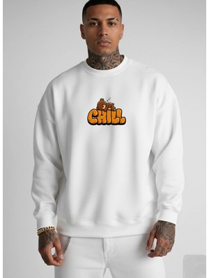 Lorvex Oversize Unisex Bisiklet Yaka Sweatshirt Chıll Bear Baskı