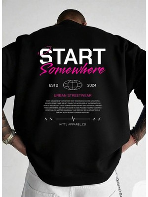 Lorvex Unisex Oversize Bisiklet Yaka Siyah Sweatshirt Start Baskı