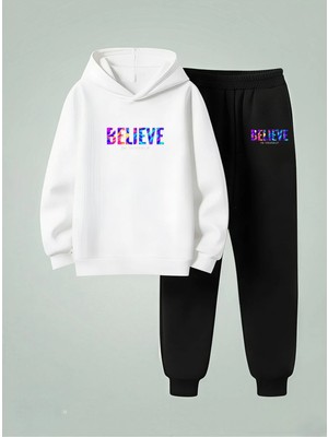 Lorvex Unısex Çocuk Kapüşonlu Sweatshirt-Eşofman Takım Belıeve In Baskılı 3 Iplik Şardonlu