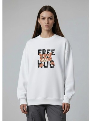 Lorvex Oversize Unısex Bisiklet Yaka Beyaz Sweatshirt Free Hug Baskılı