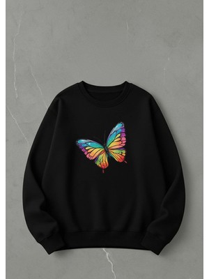 Lorvex Sweatshirt Baskılı 100% Pamuk Oversize Kelebek Sweatshirt