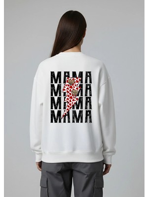 Lorvex Kadın Oversize Bisiklet Yaka Beyaz Sweatshirt Enerjik Mama Baskılı