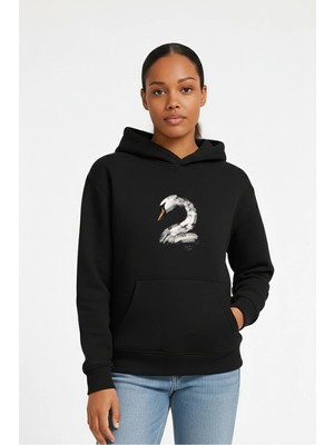 Lorvex Kadın Sweatshirt Oversize Kapüşonlu %100 Pamuklu Kuğu Baskılı