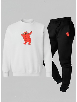Lorvex Bisiklet Yaka Sweatshirt-Eşofman Çocuk Takım Dansçı Kedi Baskılı 3 Iplik Şardonlu