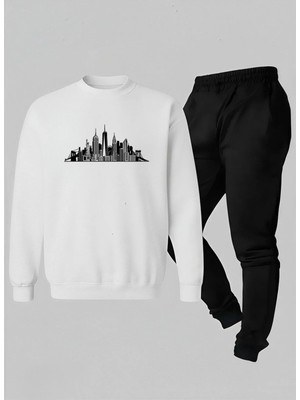 Lorvex Bisiklet Yaka Çocuk Takım (Sweatshirt-Eşofman) Şehir Baskılı 3 Iplik Şardonlu