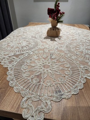 Yalıns Home Karmen Lüx Masa ve Fiskos Örtüsü Simli 95X95 cm Dantel Nakış