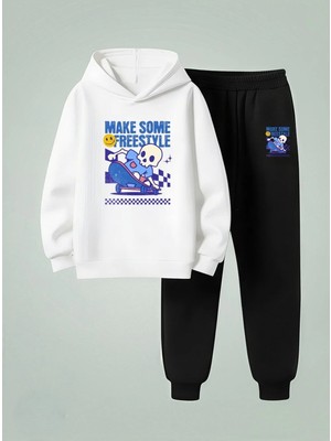 Lorvex Erkek Çocuk Kapüşonlu Takım Make Some Baskılı 3 Iplik Şardonlu Sweatshirt-Eşofman Takım