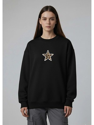 Lorvex Kadın Oversize Bisiklet Yaka Sweatshirt Leopar Yıldız Baskılı