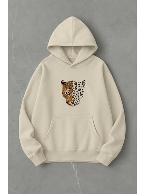Lorvex Minik Leopar Ön Baskı Oversize Unisex Kapüşonlu Sweatshirt