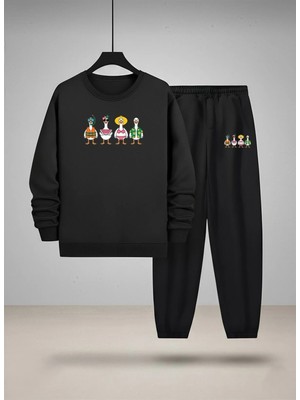 Lorvex Çocuk Bisiklet Yaka Sweatshirt ve Eşofman Takım Ördek Ailesi Baskılı 3 Iplik Şardonlu