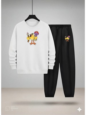 Lorvex Çocuk Bisiklet Yaka Sweatshirt ve Eşofman Takım Ressam Civciv Baskılı 3 Iplik Şardonlu