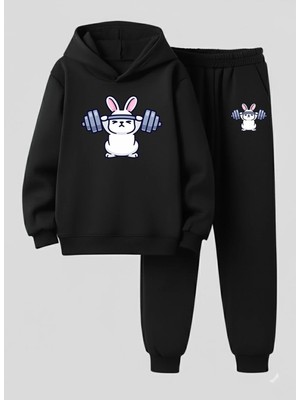 Lorvex Çocuk Kapüşonlu Takım Güçlü Tavşan Baskılı 3 Iplik Şardonlu Sweatshirt-Eşofman Takım