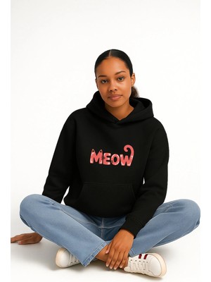 Lorvex Oversize Meow Ön Baskı Unisex Kapüşonlu Sweatshirt