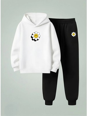 Lorvex Alt-Üst Takım (Sweatshirt-Eşofman) Kız Çocuk Gülen Papatya Baskılı 3 Iplik Şardonlu
