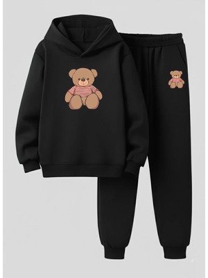 Lorvex Kapüşonlu Takım Çocuk Oturan Ayı Baskılı 3 Iplik Şardonlu Sweatshirt-Eşofman Takım