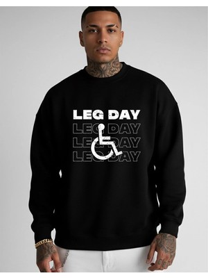 Lorvex Bisiklet Yaka Siyah Sweatshirt Unısex Oversize Leg Day Baskılı