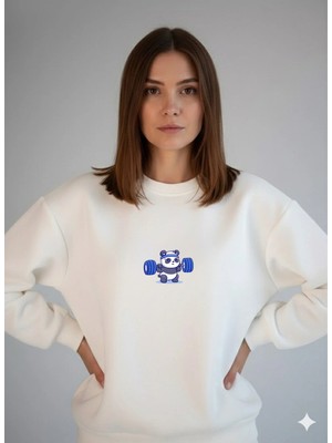 Lorvex Oversize Unısex Bisiklet Yaka Sweatshirt Halter Kaldıran Panda Baskılı