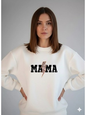 Lorvex Kadın Oversize Bisiklet Yaka Beyaz Sweatshirt Mama Baskılı