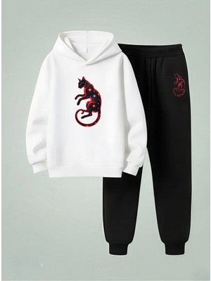 Lorvex Çocuk Sweatshirt-Eşofman Takım (Kapüşonlu) Kırmızı Renkli Kedi Baskılı 3 Iplik Şardonlu