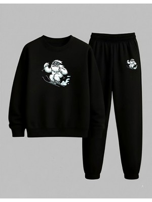 Lorvex Çocuk Baskılı Bisiklet Yaka Sweatshirt ve Eşofman Takım Kayakçı Yeti Baskılı 3 Iplik Şardonlu