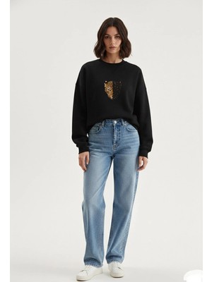 Lorvex Siyah Oversize Sweatshirt Bisiklet Yaka Minik Leopar Baskı