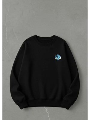 Lorvex Oversize Unisex Bisiklet Yaka Sweatshirt Minimalist Deniz Dalgası Baskılı