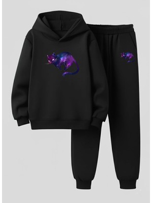Lorvex Sweatshirt-Eşofman Takım Çocuk (Kapüşonlu) Mor Renkli Kedi Baskılı 3 Iplik Şardonlu
