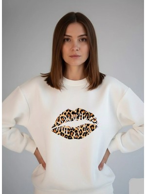 Lorvex Oversize Sweatshirt Bisiklet Yaka Leopar Dudak Baskı