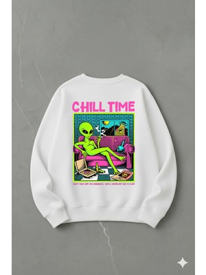 Lorvex Oversize Unisex Pamuklu Bisiklet Yaka Sweatshirt – Chill Baskı