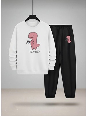 Lorvex Çocuk Bisiklet Yaka Sweatshirt ve Eşofman Takım Tea-Rex Baskılı 3 Iplik Şardonlu