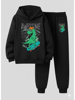 Lorvex Çocuk Kapüşonlu Takım Awesome Baskılı 3 Iplik Şardonlu Sweatshirt-Eşofman Takım